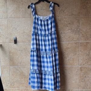 J. Crew Gingham Check Sundress Pockets Tiered Ruffled Skirt Ruffle Sleeve Blue L